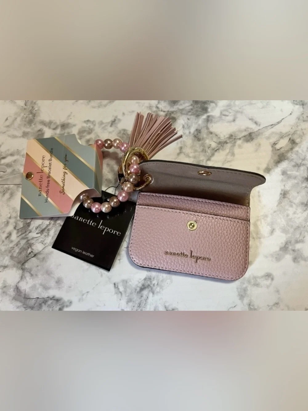 Nanette Lepore Blush Pink Tassel Wristlet Card Holder with Pearl Bracelet